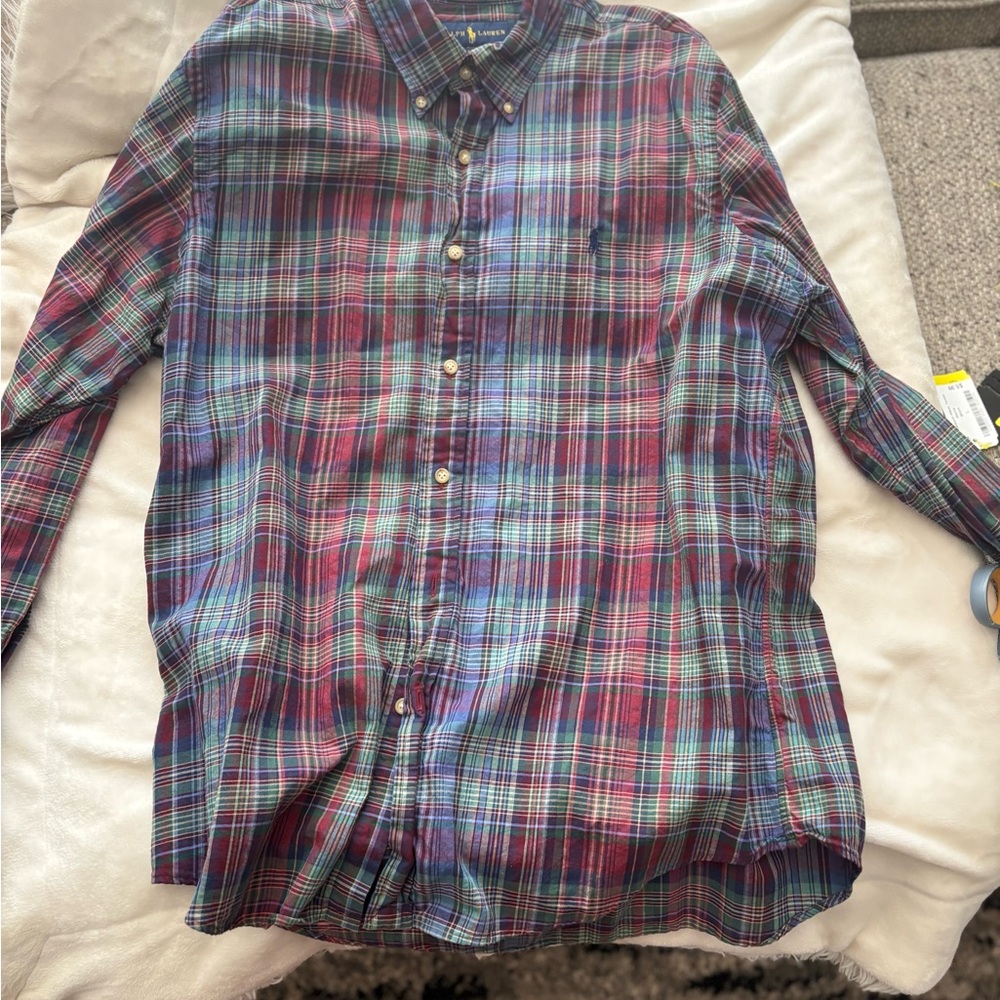 Ralph Lauren Men's Red and Blue Plaid Shirt